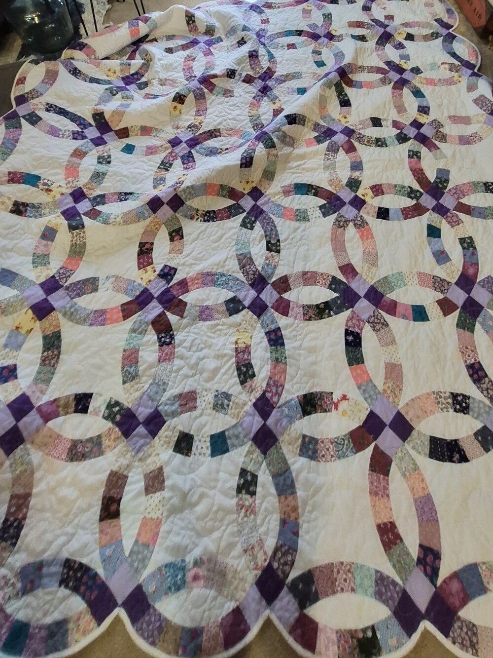 Handmade Double Wedding Ring Quilt - Purple & Multicolor on White